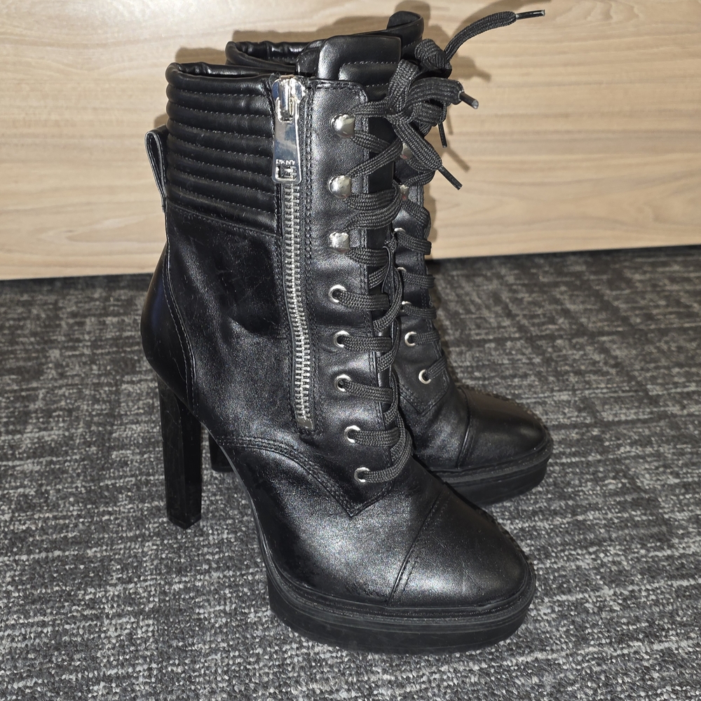 DKNY Steffi Black Lace-Up Platform Ankle Boots with Side Zipper